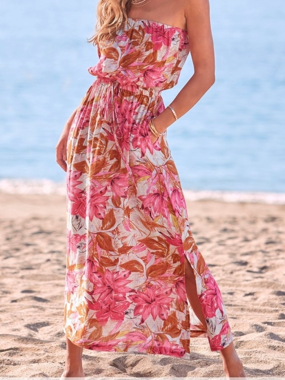 Strapless Floral Beach Maxi Dress in Pink and Tan